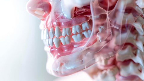 Close-up of a detailed anatomical model of human teeth and jaw.